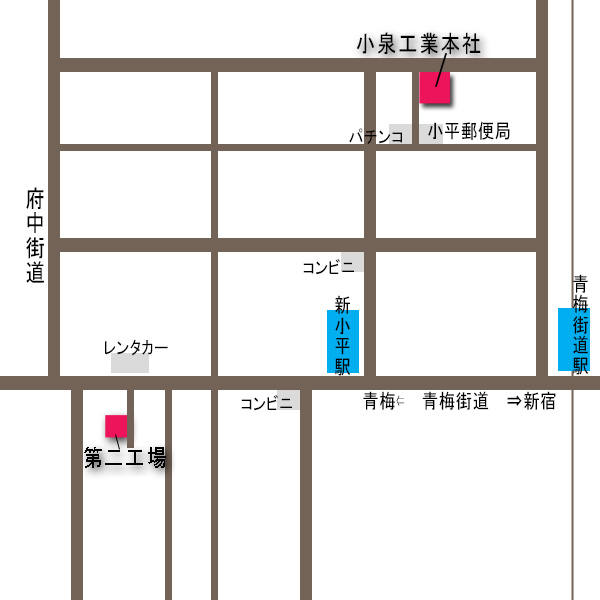 本社・本社工場および第二工場の周辺地図